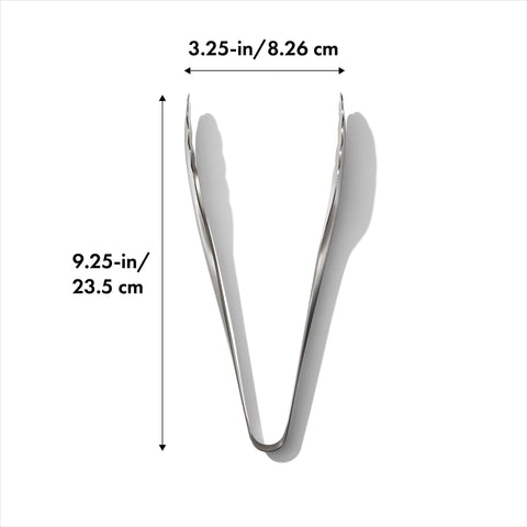 OXO Steel Serving Tongs non-slip handle close-up shows secure lifting