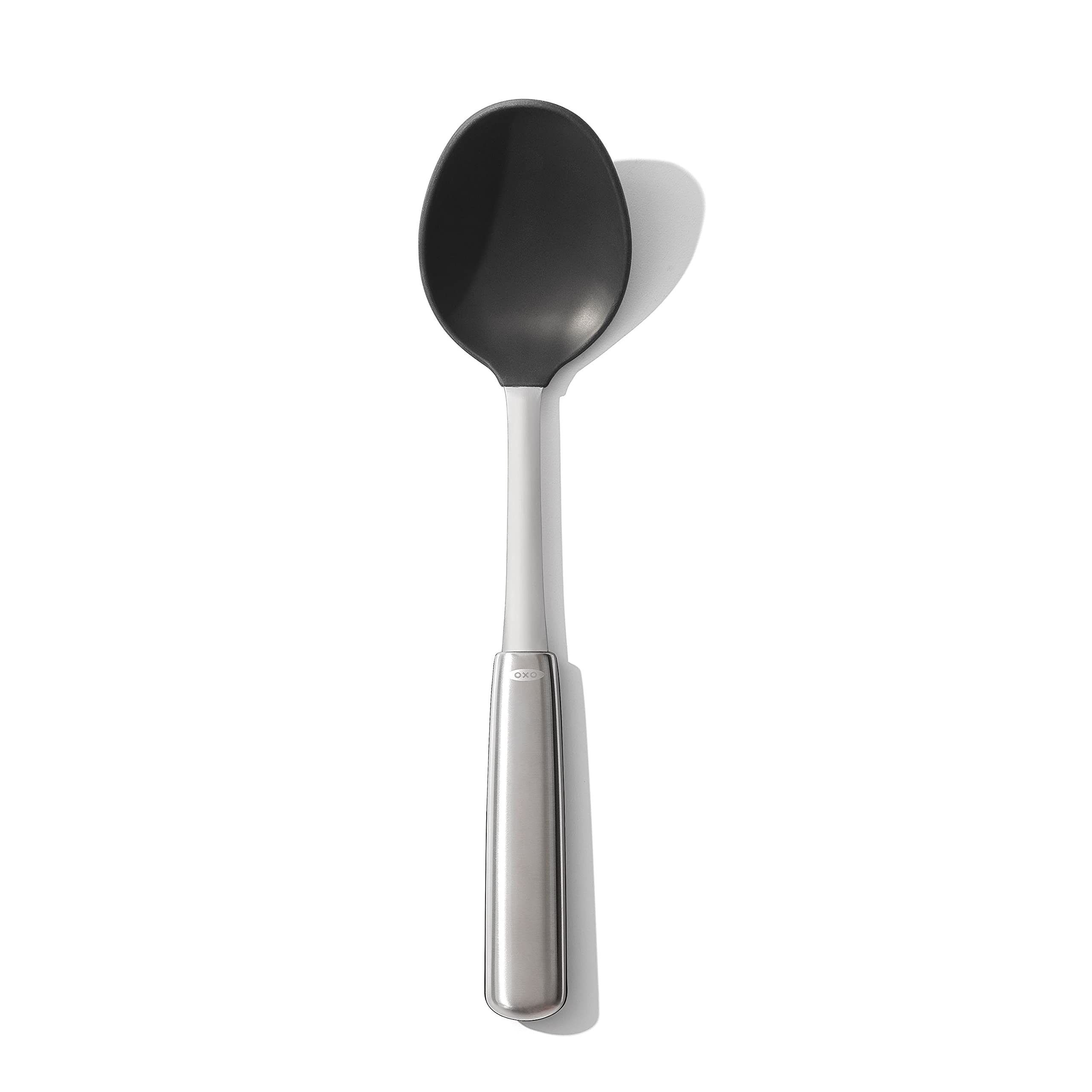 OXO Steel Silicone Cooking Spoon head close-up showing heat-safe silicone for non-stick care