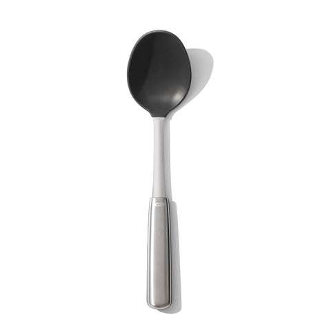 OXO Steel Silicone Cooking Spoon head close-up showing heat-safe silicone for non-stick care