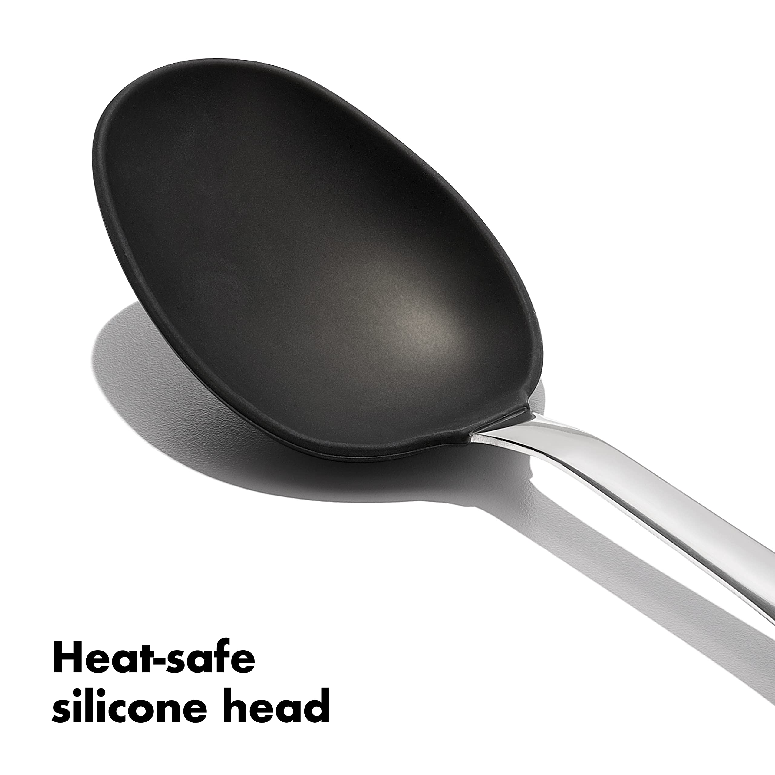 OXO Steel Silicone Cooking Spoon serving meatballs with a gentle, heat-safe head