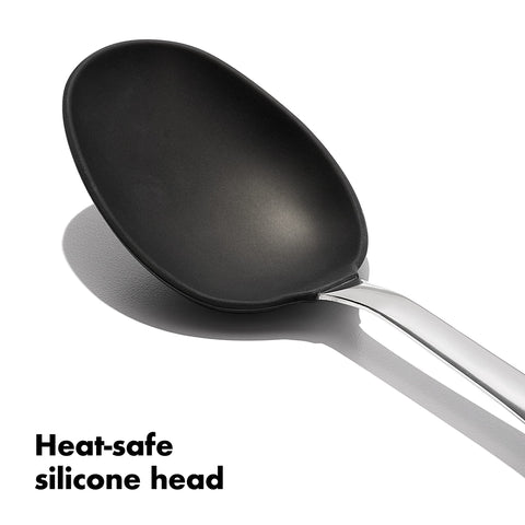 OXO Steel Silicone Cooking Spoon serving meatballs with a gentle, heat-safe head