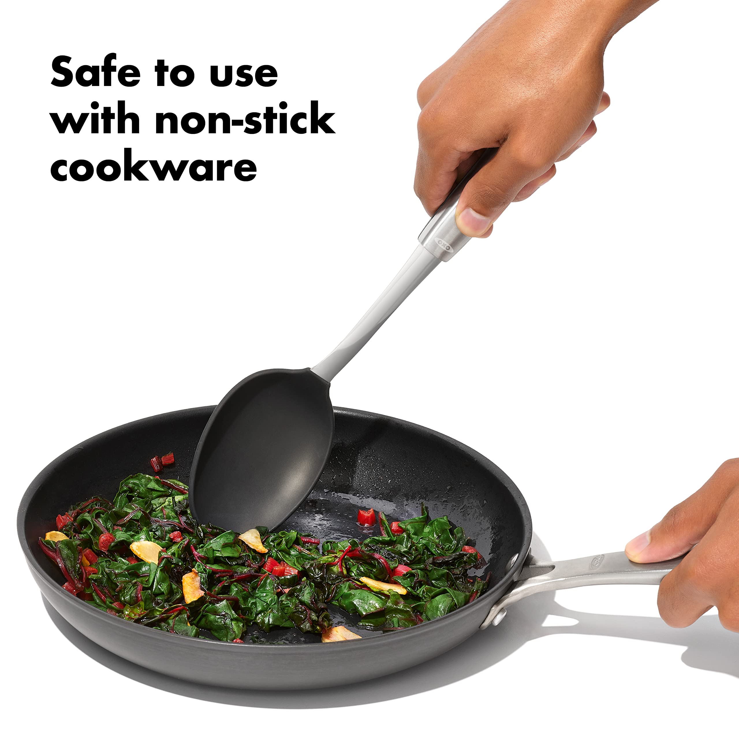 OXO Steel Silicone Cooking Spoon stirs soups smoothly with a sturdy stainless steel core