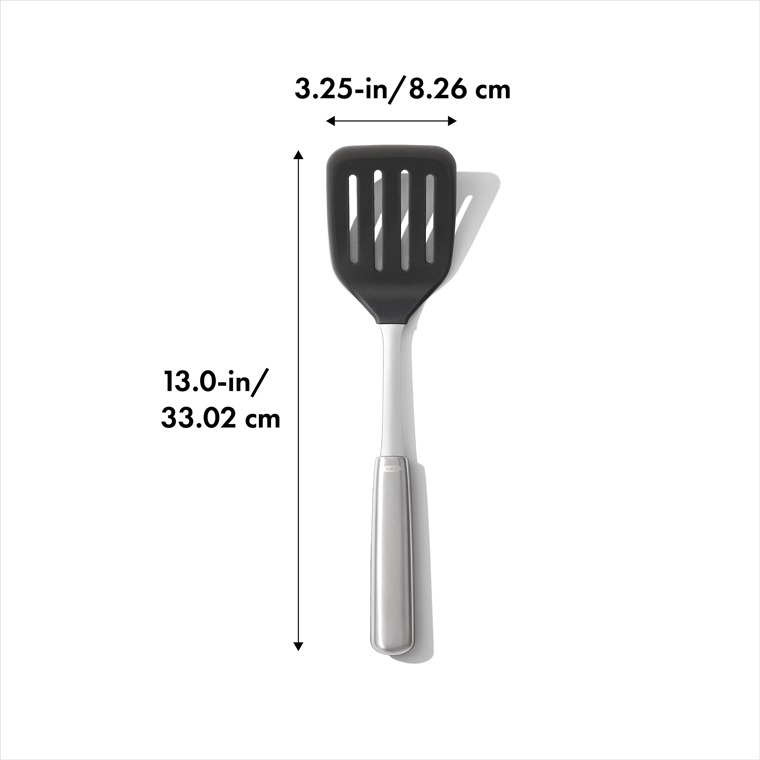 OXO Steel Silicone Flexible Turner handle close-up highlights secure non-slip grip