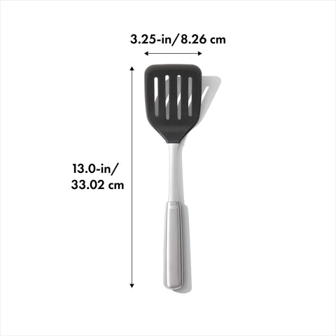 OXO Steel Silicone Flexible Turner handle close-up highlights secure non-slip grip