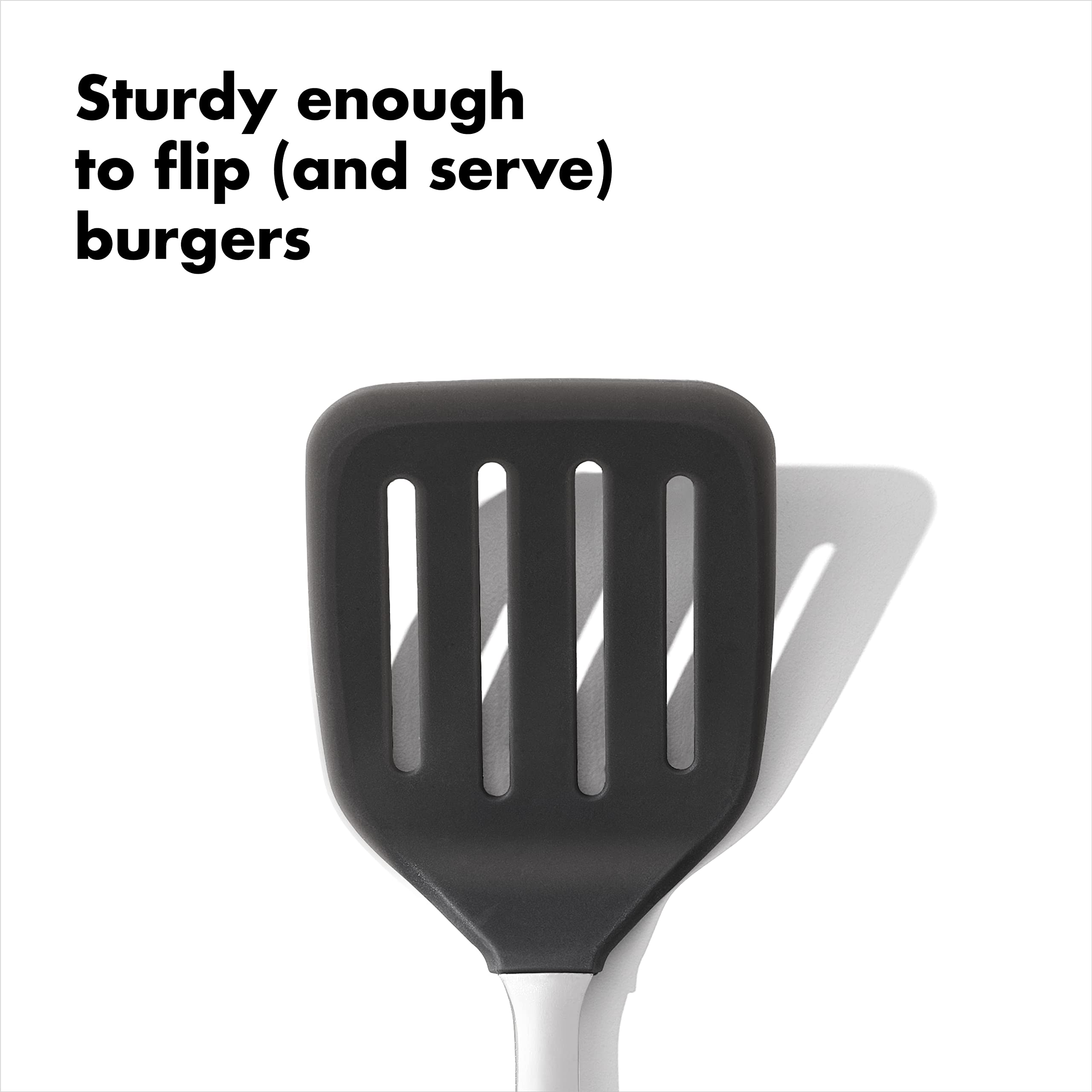 OXO Steel Silicone Flexible Turner shows safe use with non-stick surfaces