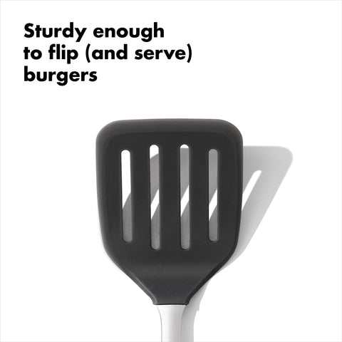 OXO Steel Silicone Flexible Turner shows safe use with non-stick surfaces