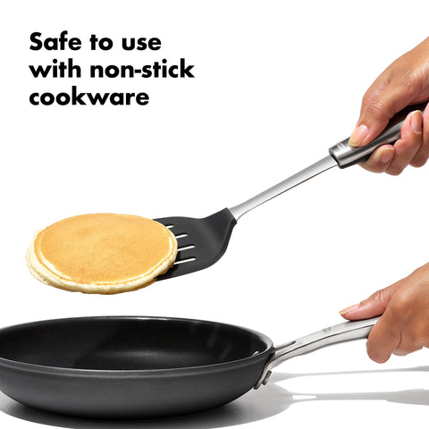 OXO Steel Silicone Flexible Turner demonstrates easy slides under eggs