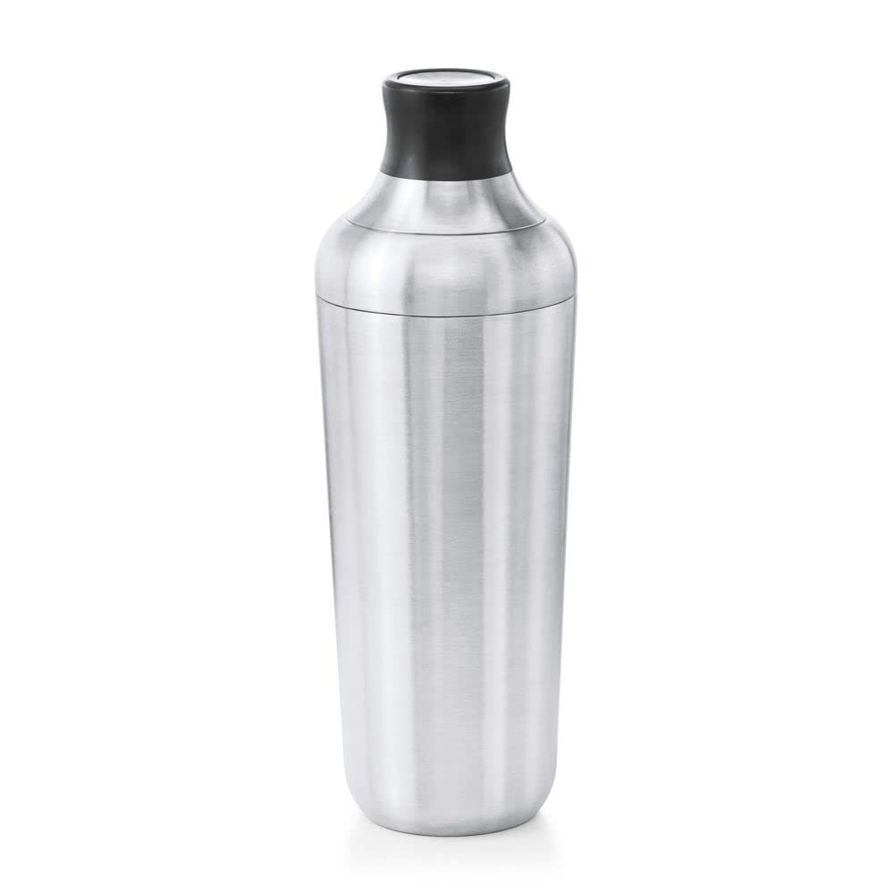 OXO Steel Single Wall Cocktail Shaker pouring a cocktail for a smooth pour