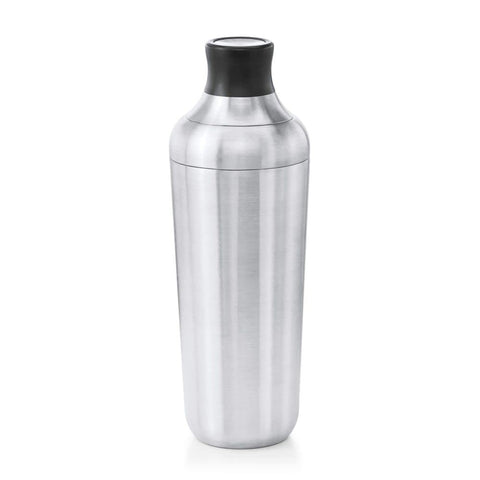 OXO Steel Single Wall Cocktail Shaker pouring a cocktail for a smooth pour