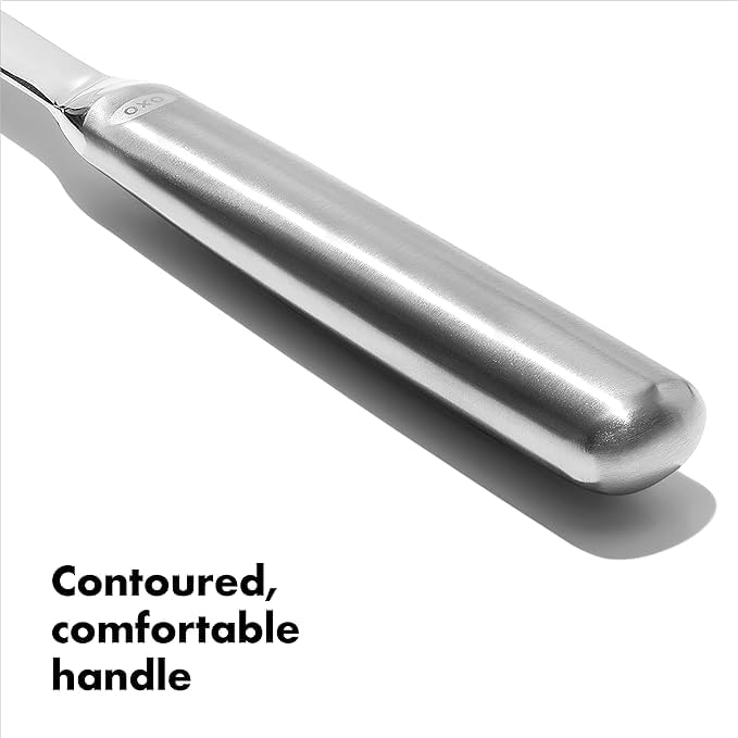 OXO steel slotted serving spoon contoured handle for comfortable use at stove and table