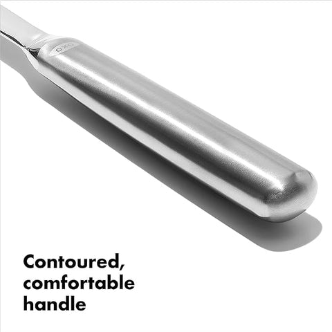 OXO steel slotted serving spoon contoured handle for comfortable use at stove and table