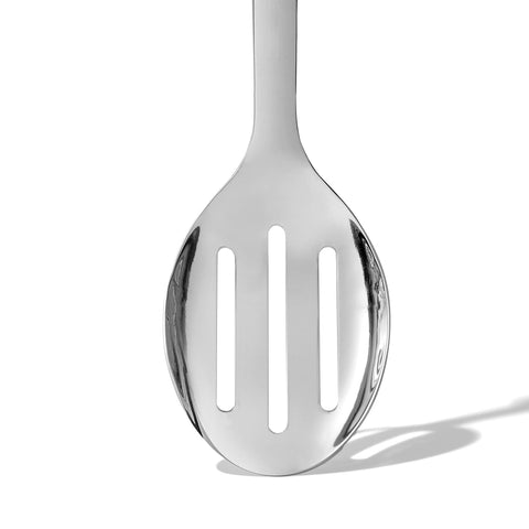 OXO steel slotted serving spoon drainage slots help drain vegetables efficiently