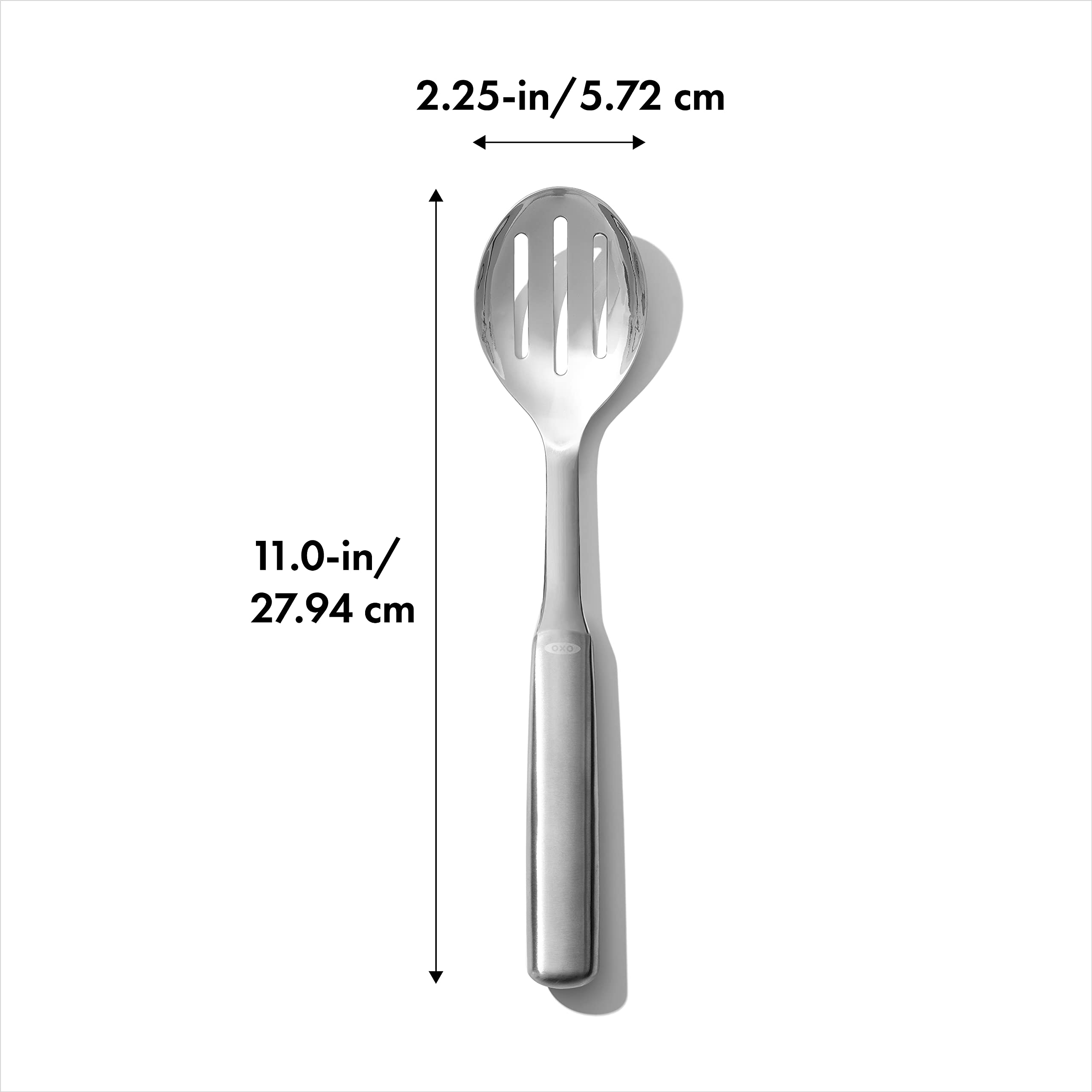 OXO steel slotted serving spoon serving meatballs from pot with ease