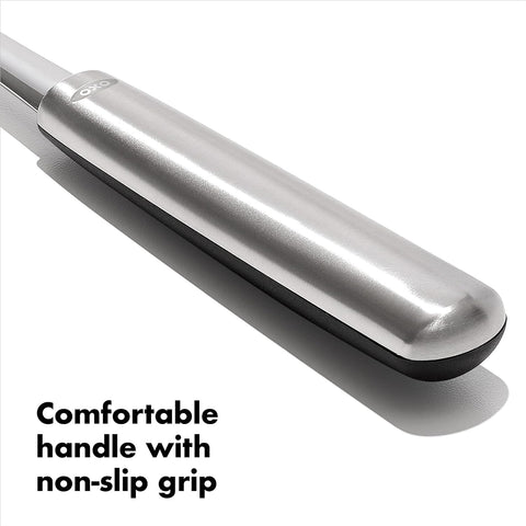 OXO Steel Slotted Spoon handle closeup soft non-slip grip for comfort.