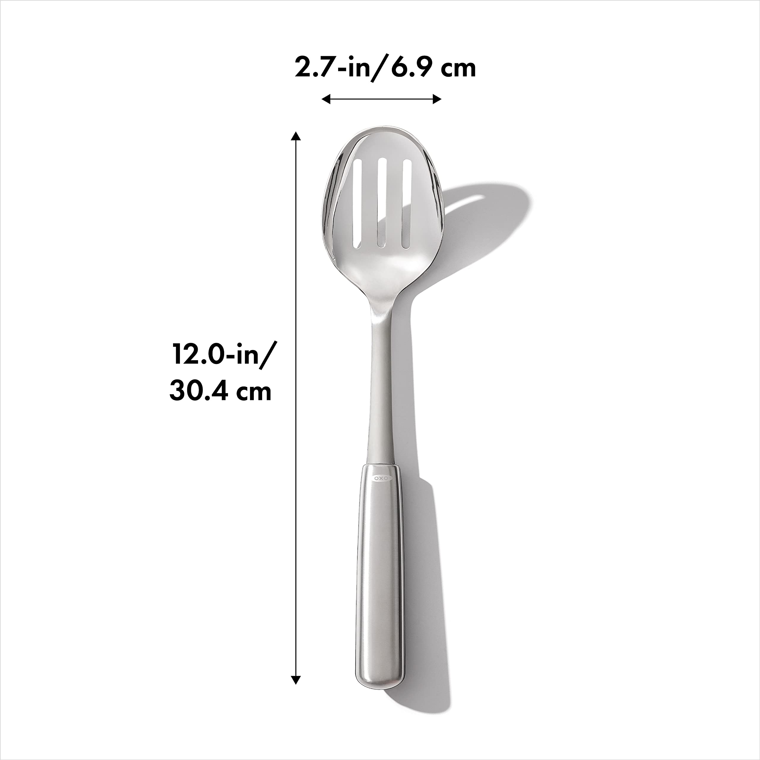 OXO Steel Slotted Spoon serving shot sturdy stainless construction for daily use.