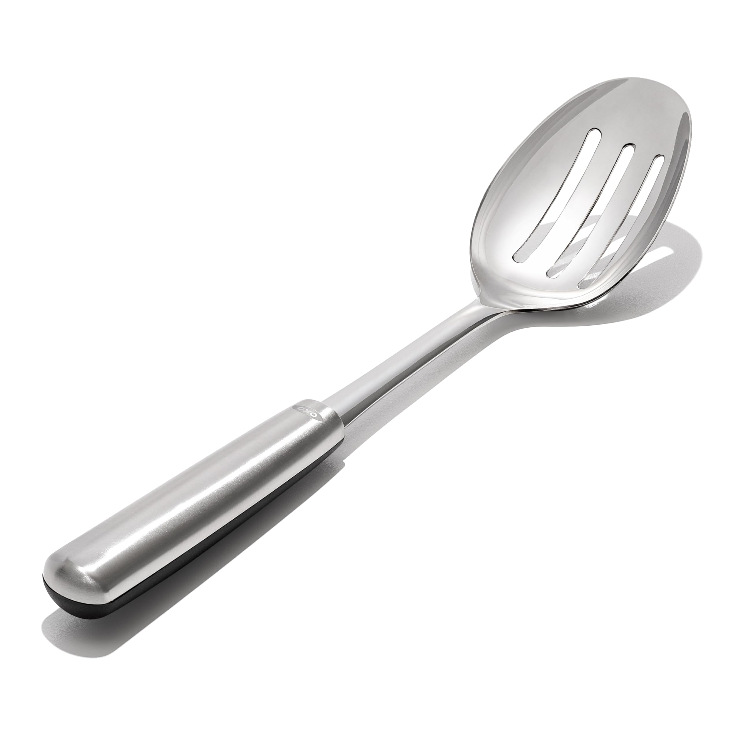 OXO Steel Slotted Spoon side view balanced grip for stirring and serving.