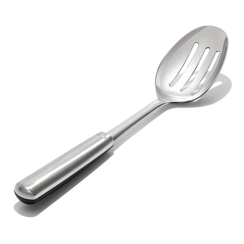 OXO Steel Slotted Spoon side view balanced grip for stirring and serving.