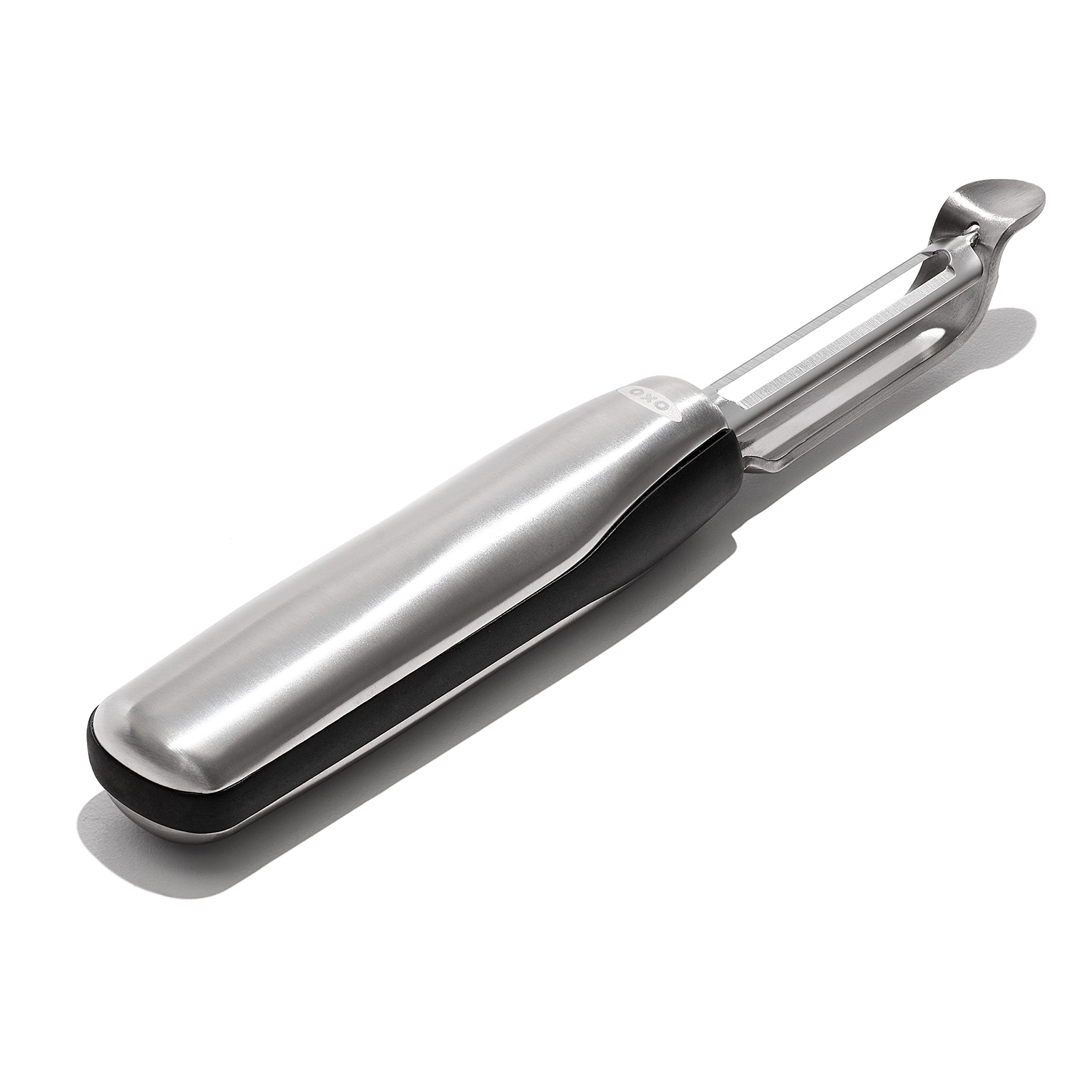 OXO Steel Swivel Peeler ergonomic handle shown for comfortable grip