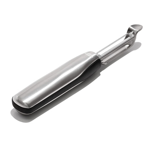 OXO Steel Swivel Peeler ergonomic handle shown for comfortable grip