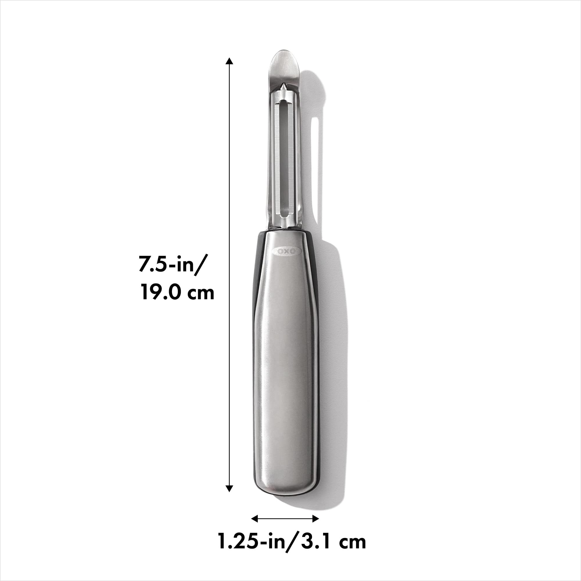 OXO Steel Swivel Peeler peeling potatoes with efficient control