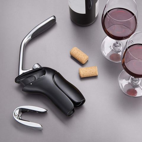 OXO steel corkscrew with foil cutter stored on handle for quick access
