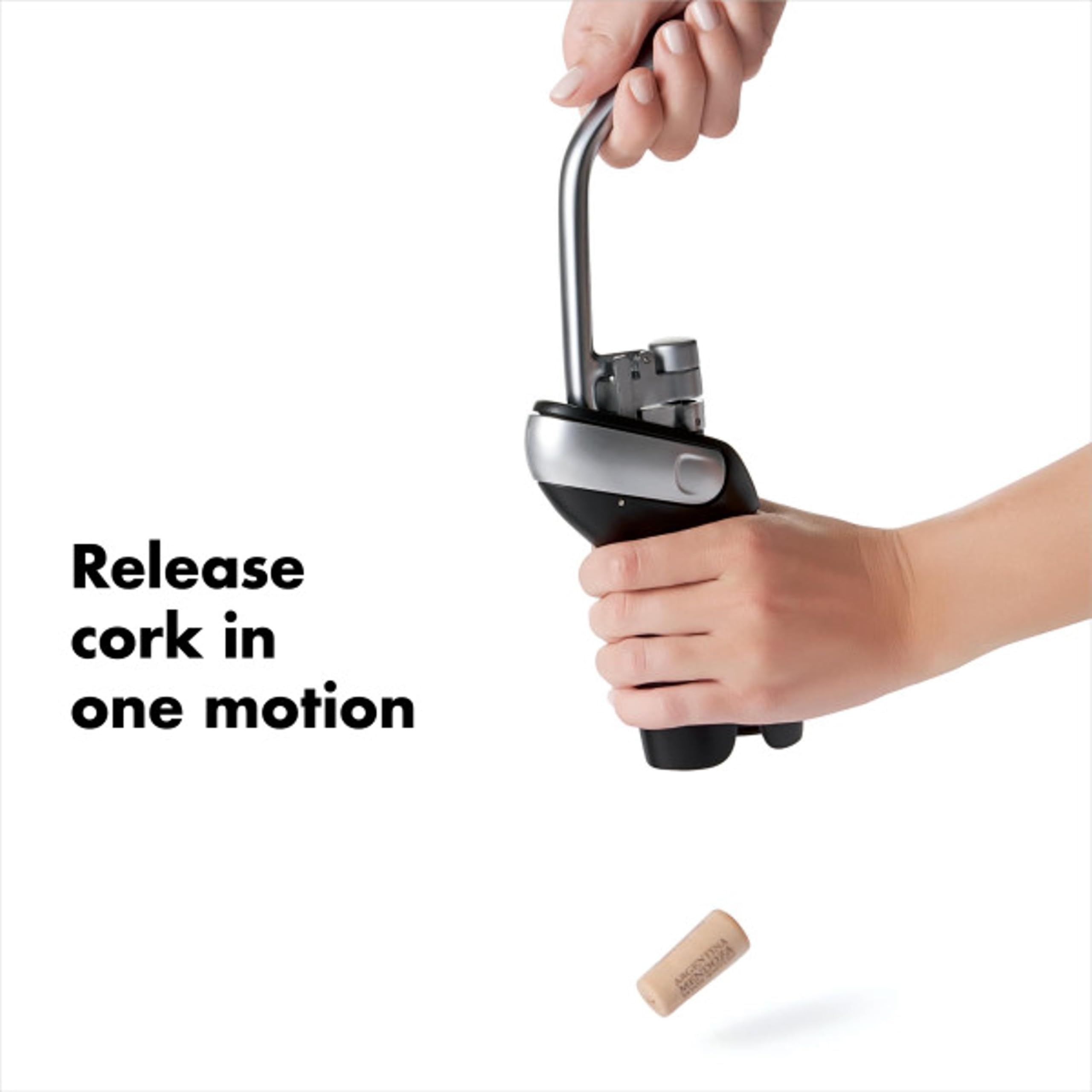 Two-motion lever removes cork quickly and cleanly