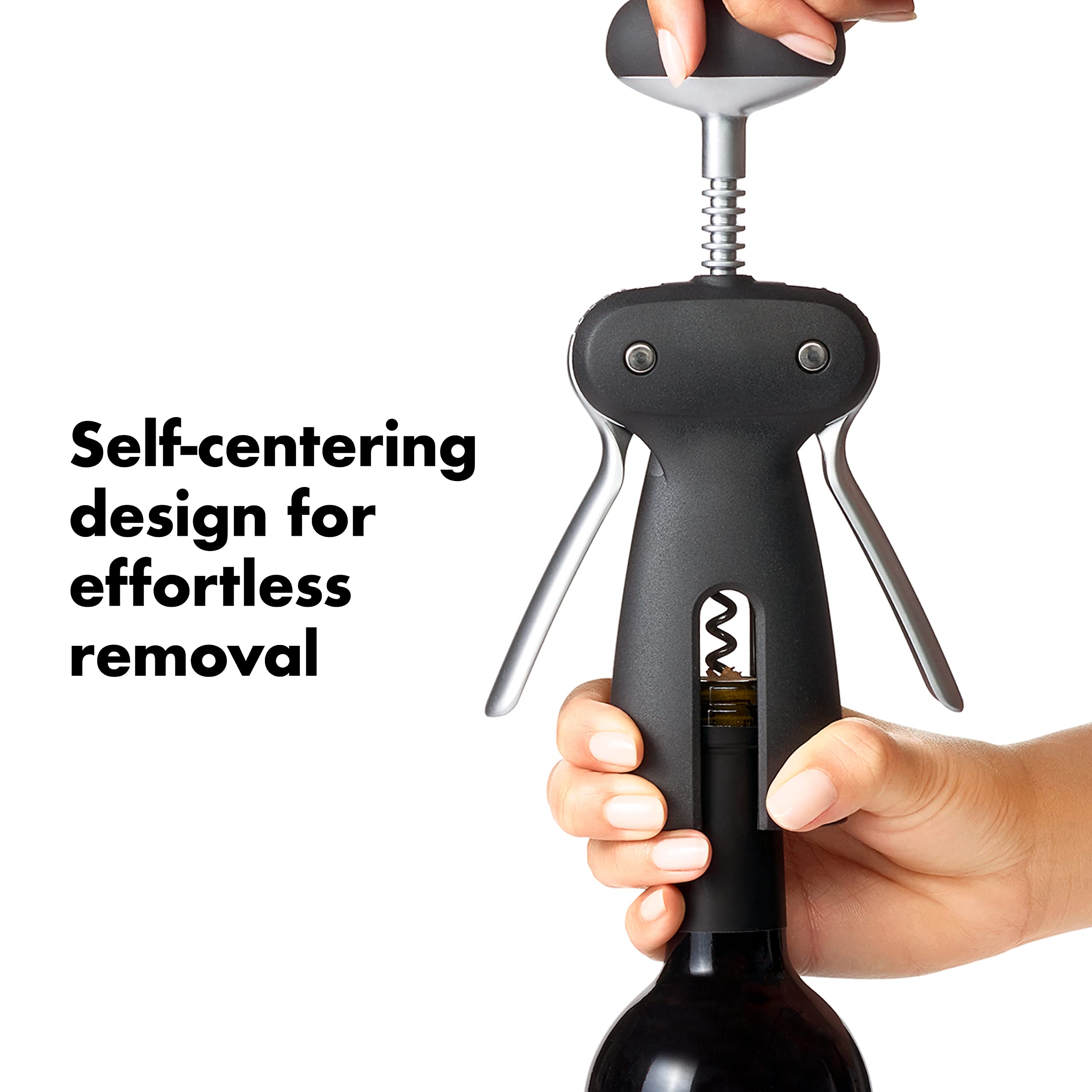 Curved die-cast handles provide a comfortable grip on the OXO SteeL Corkscrew