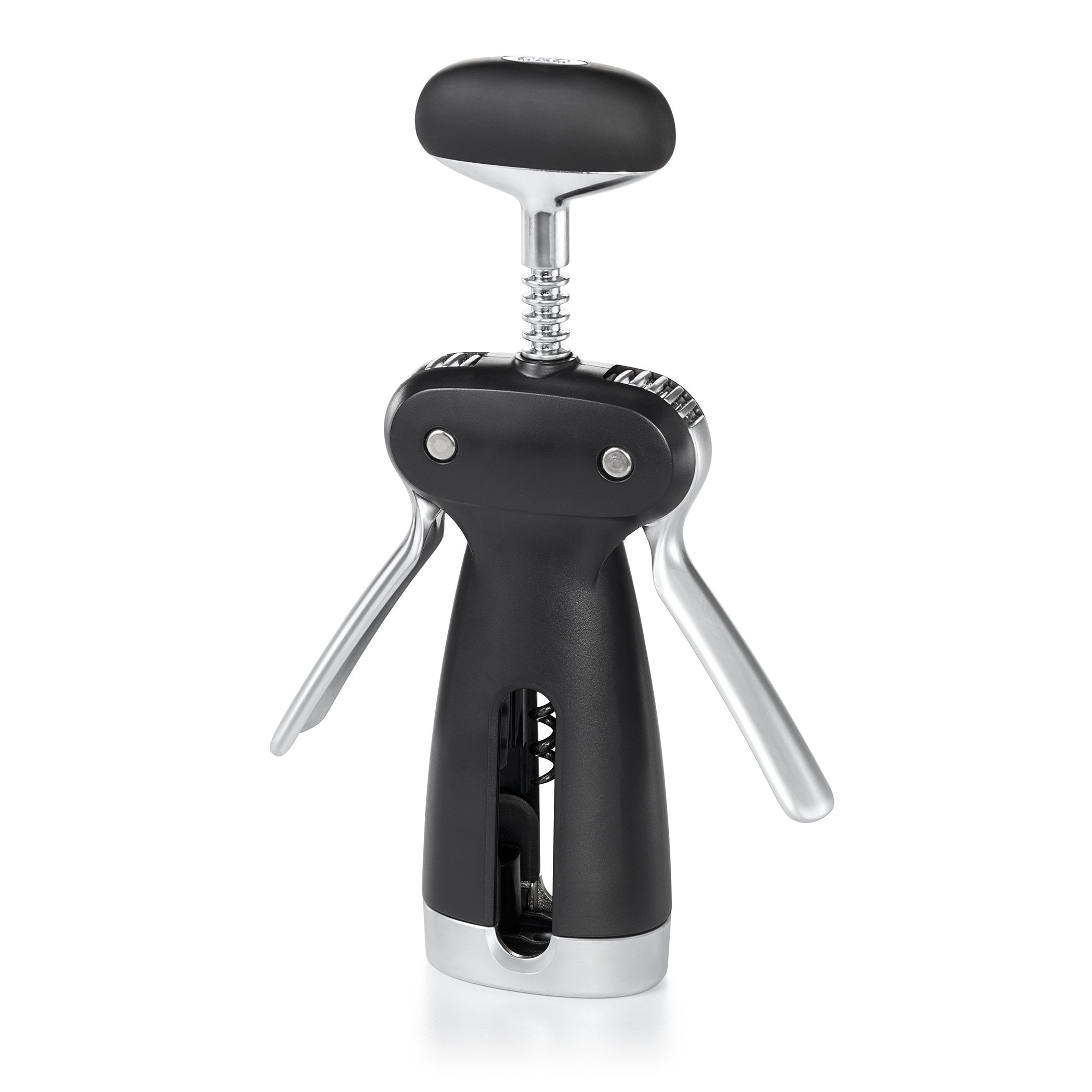 OXO SteeL Winged Corkscrew with removable foil cutter, ready for cork removal