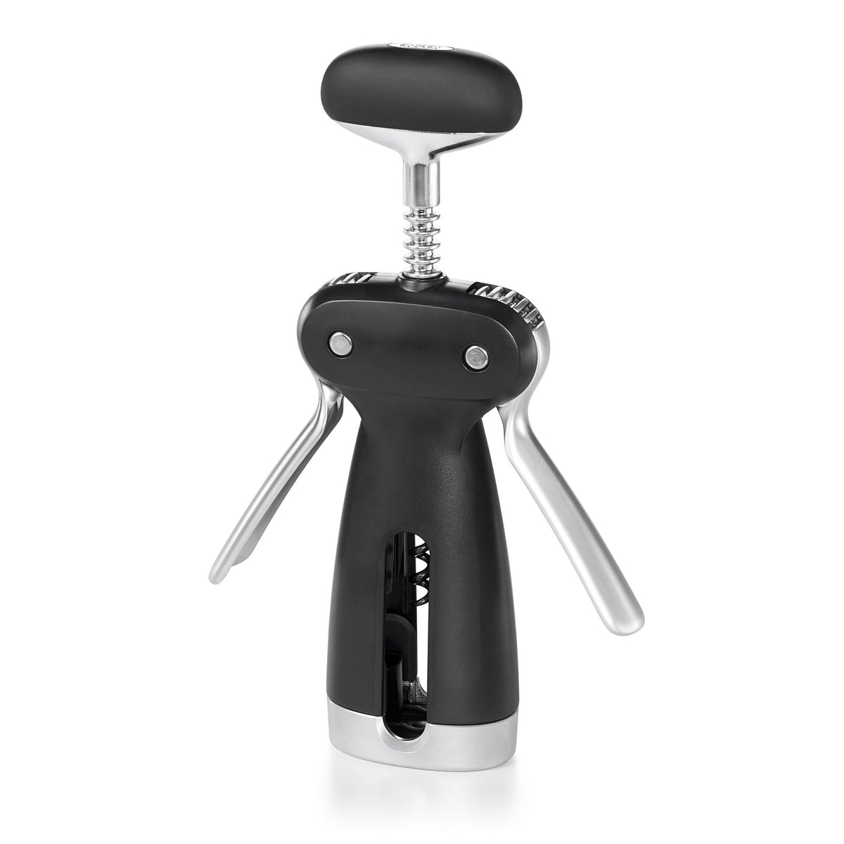 OXO SteeL Winged Corkscrew with removable foil cutter, ready for cork removal