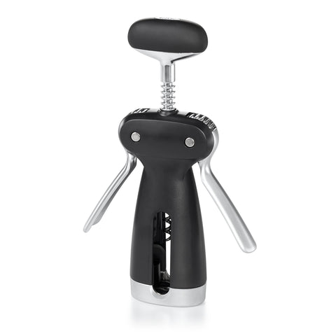 OXO SteeL Winged Corkscrew with removable foil cutter, ready for cork removal