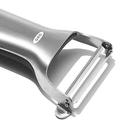 OXO Steel Y-Peeler blade swivels for easier maneuvering around curves