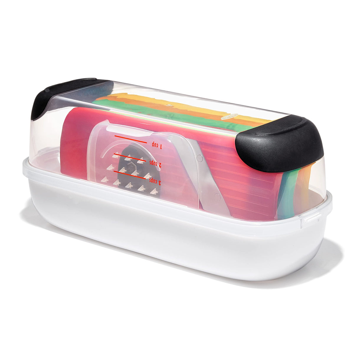 OXO Good Grips Complete Grate & Slice Set coarse grating over a bowl for quick veggies
