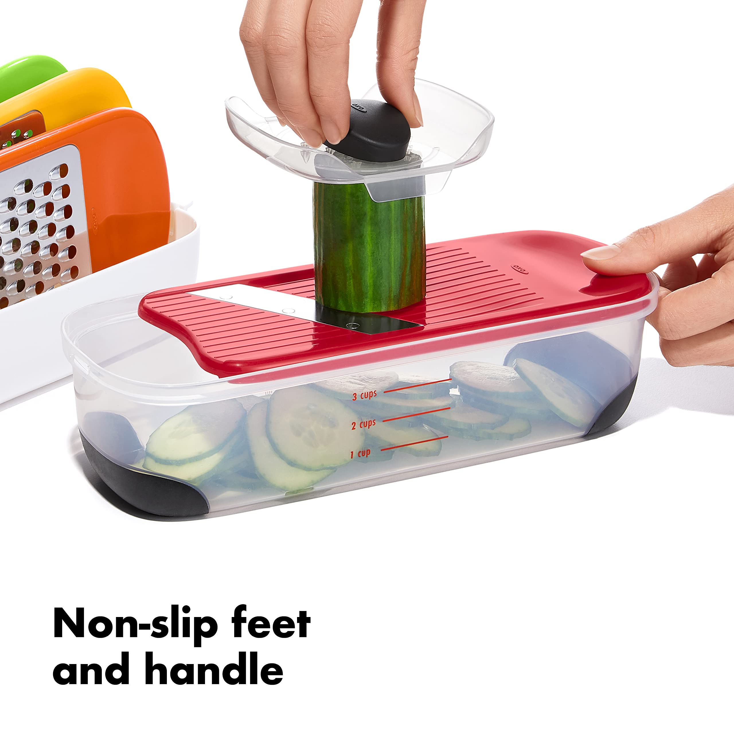 OXO Good Grips Complete Grate & Slice Set lid with cup marks for measuring