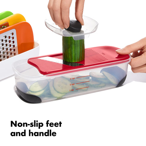 OXO Good Grips Complete Grate & Slice Set lid with cup marks for measuring