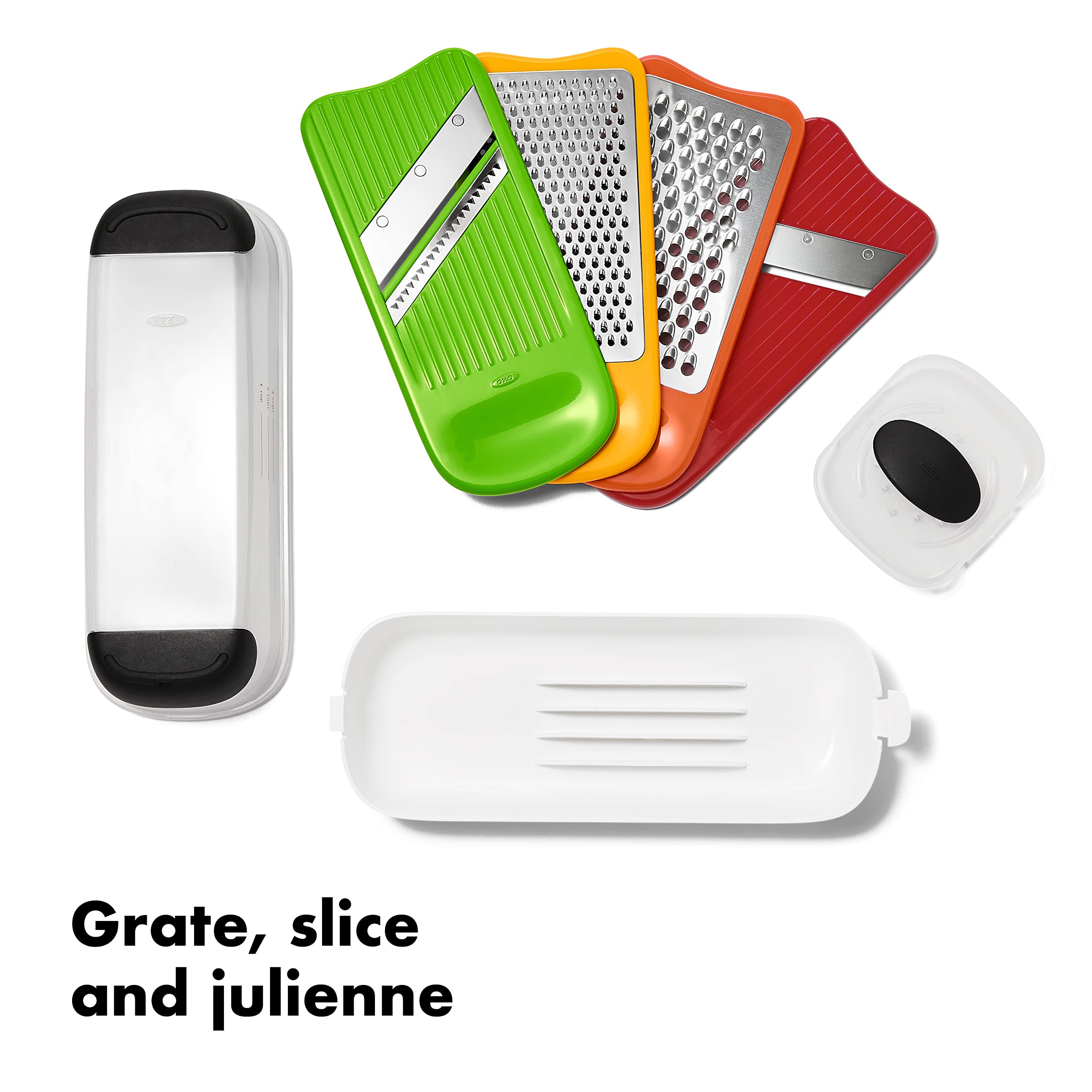 OXO Good Grips Complete Grate & Slice Set straight slicing over bowls for precision