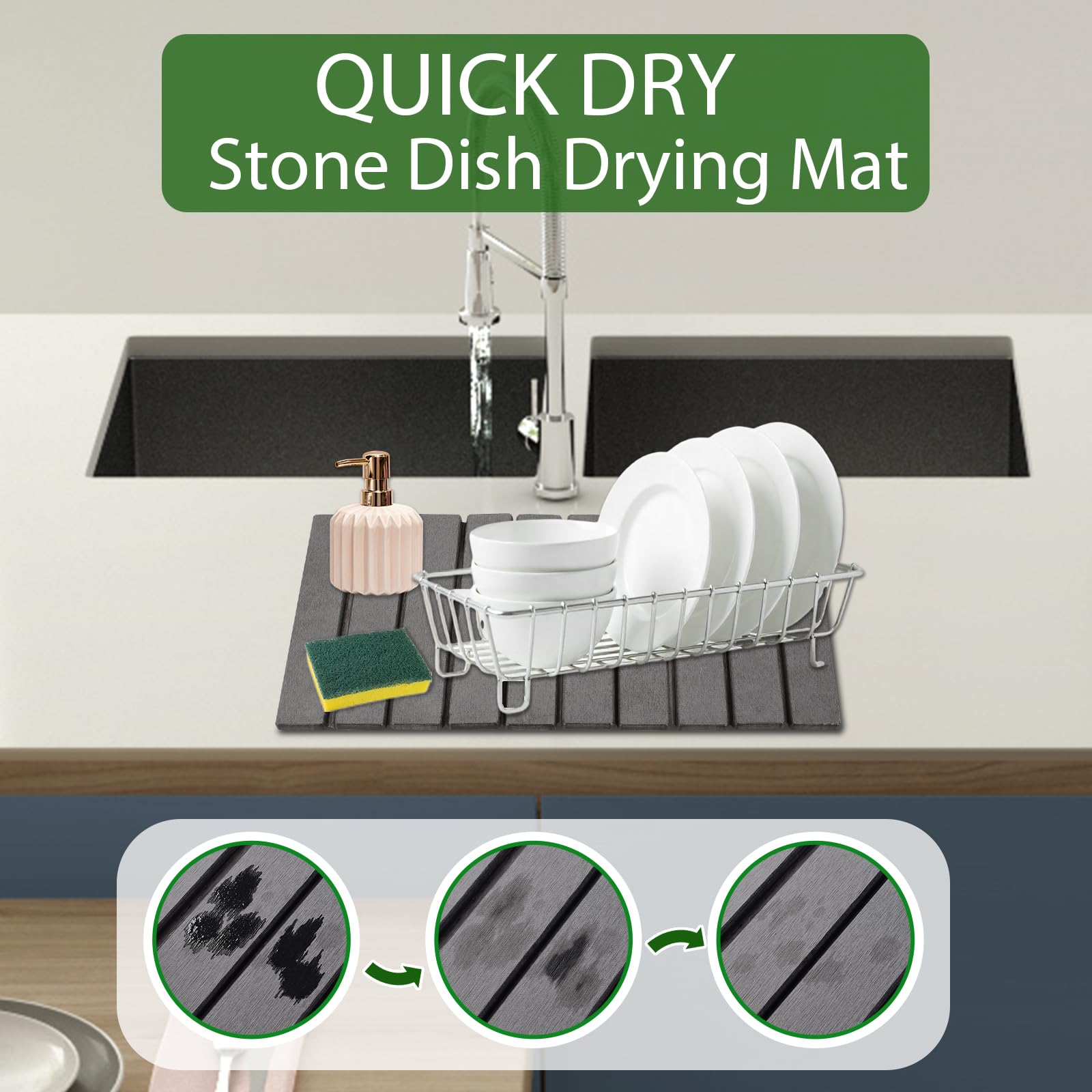 Oxydrily stone drying mat full size 23 by 15 inches dries dishes quickly.