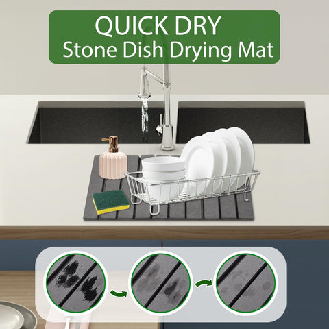 Oxydrily stone drying mat full size 23 by 15 inches dries dishes quickly.