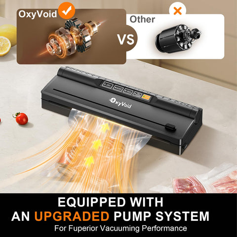 Built-in cutter and hose on OXYVOID sealer for flexible bag sizing.