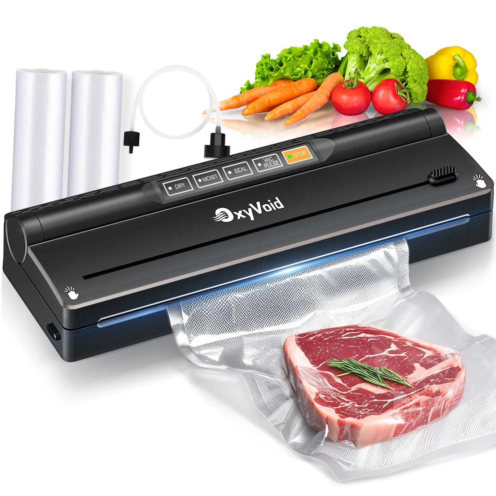 OXYVOID Precision Food Vacuum Sealer front view with compact, elegant design.