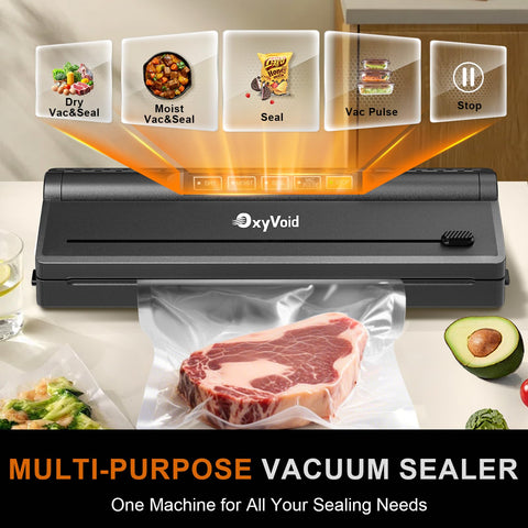 OXYVOID vacuum sealer in one-touch operation mode for fast sealing.