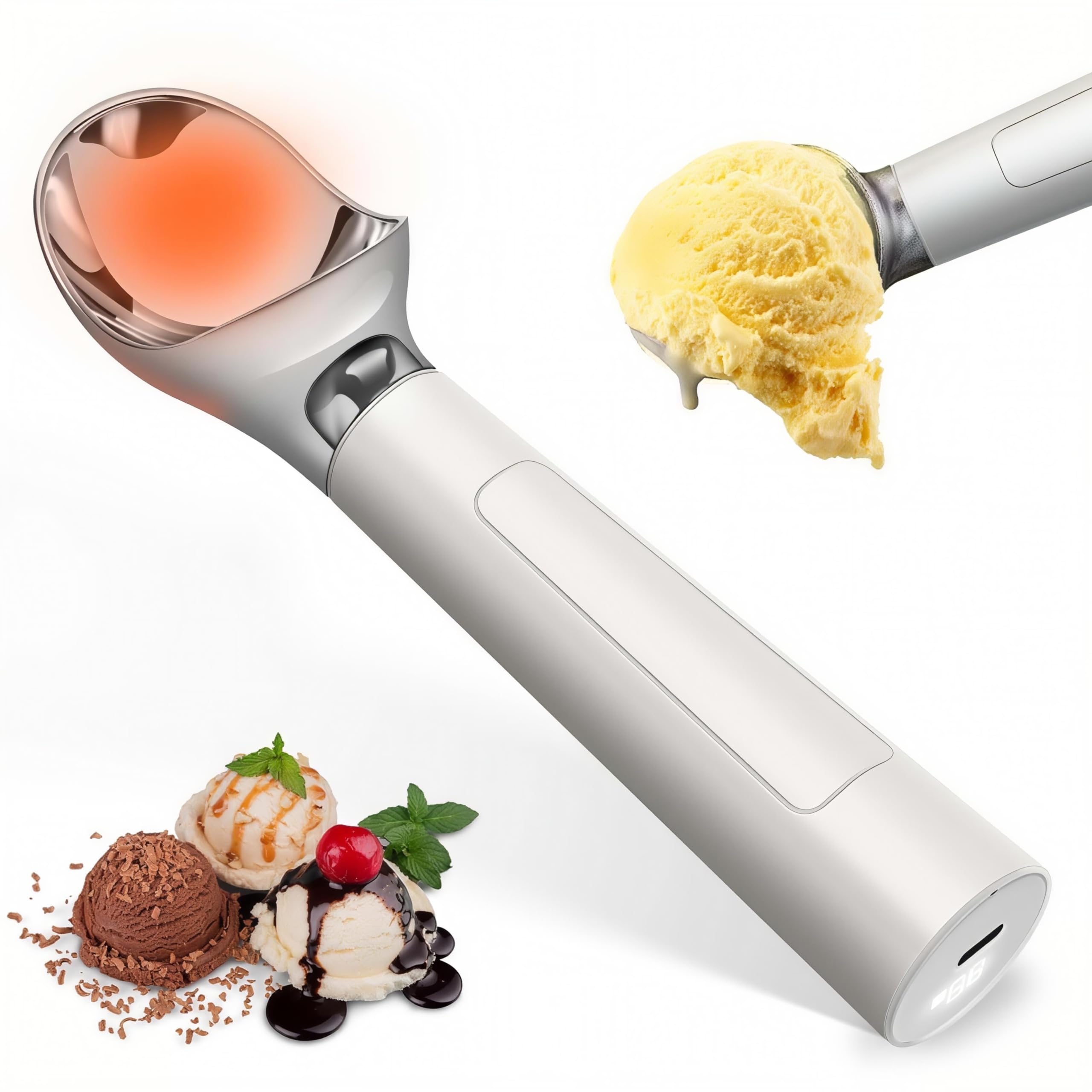 Oyeftp heated ice cream scoop with LED display enables precise temperature for serving.