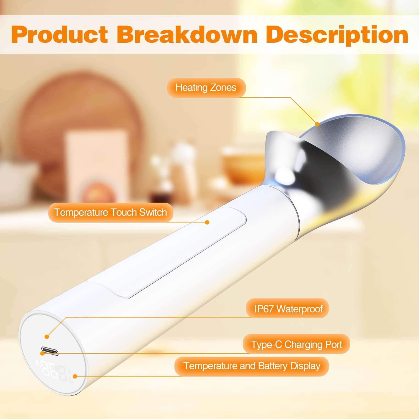 Oyeftp heated scoop adapts to fruit, meatballs, or cheese prep.