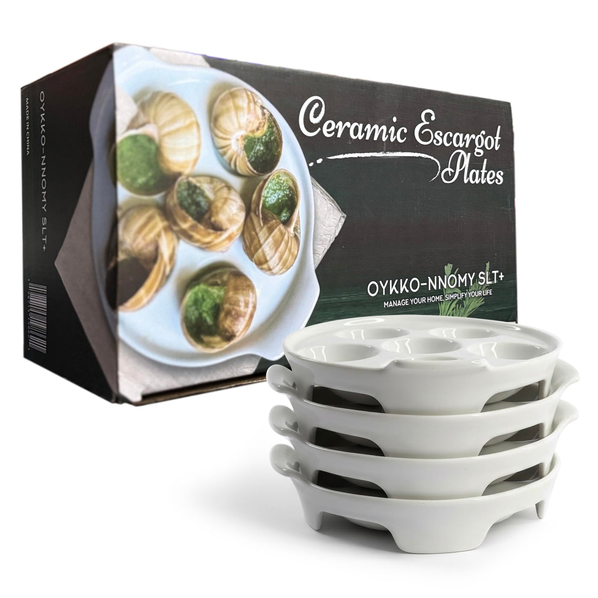 OYKKO-NNOMY SLT+ escargot dish set shown as an elegant four-plate collection for refined entertaining.
