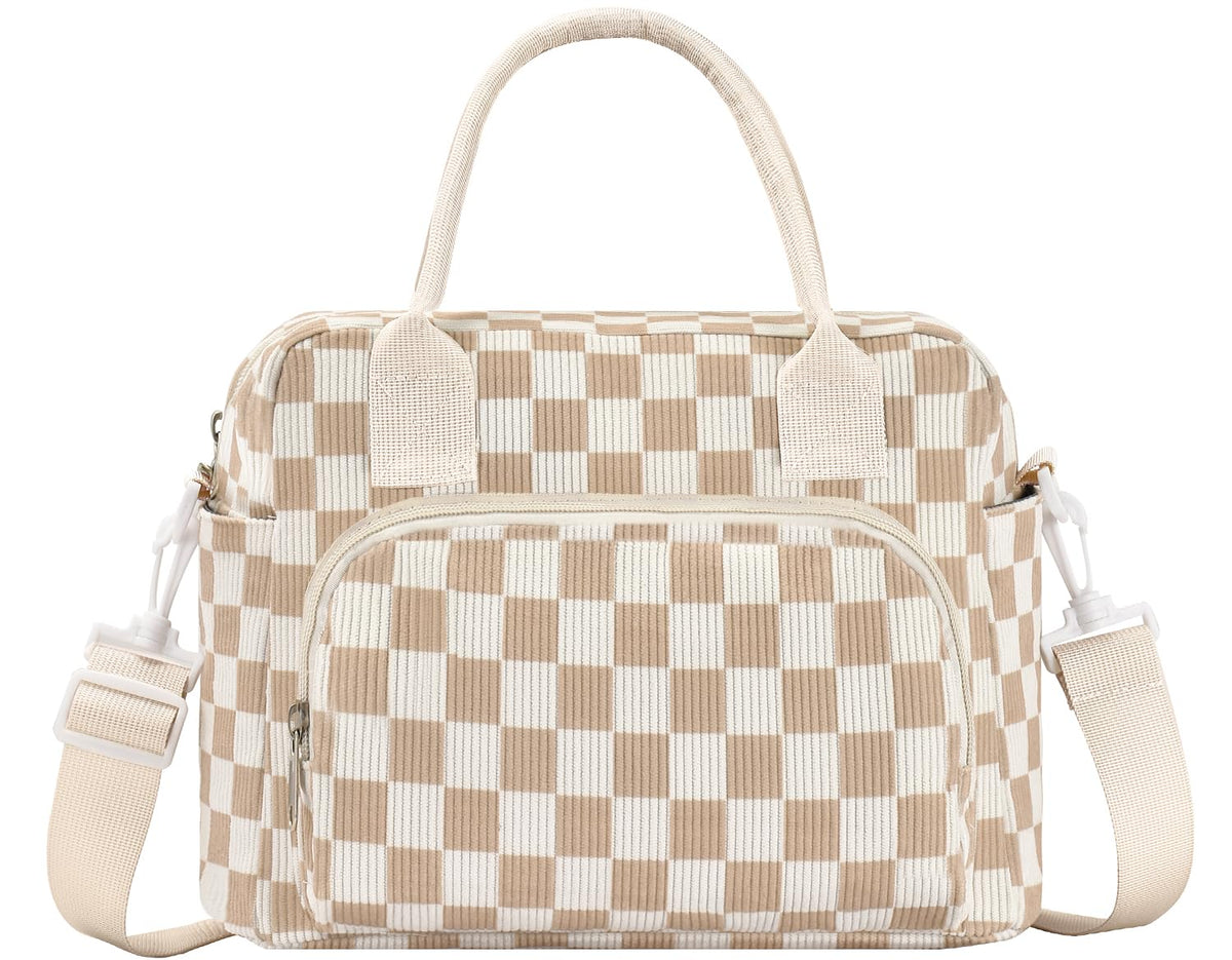 OYLOLA lunch bag with corduroy beige plaid exterior for daily style