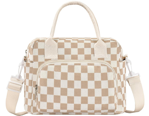 OYLOLA lunch bag with corduroy beige plaid exterior for daily style