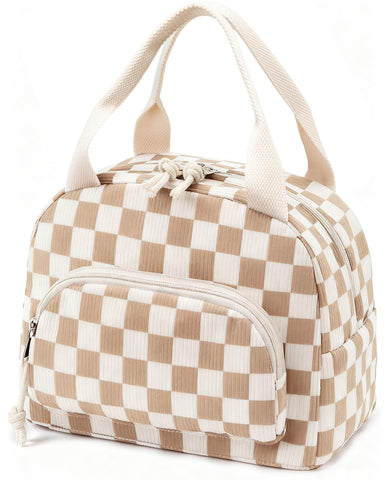 OYLOLA plaid lunch bag in beige brown keeps meals warm for work or school
