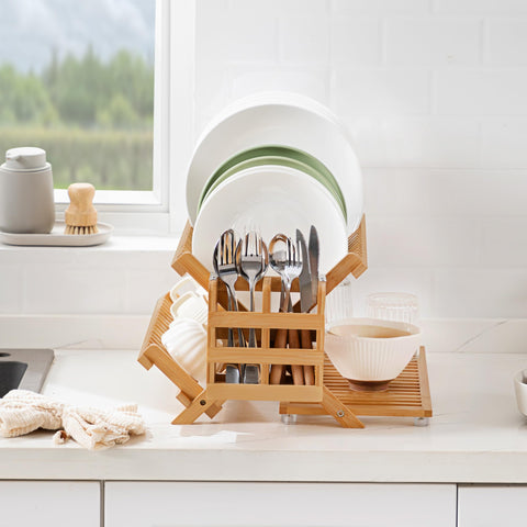 Oyydecor bamboo dish drying rack sits on the kitchen counter for easy access