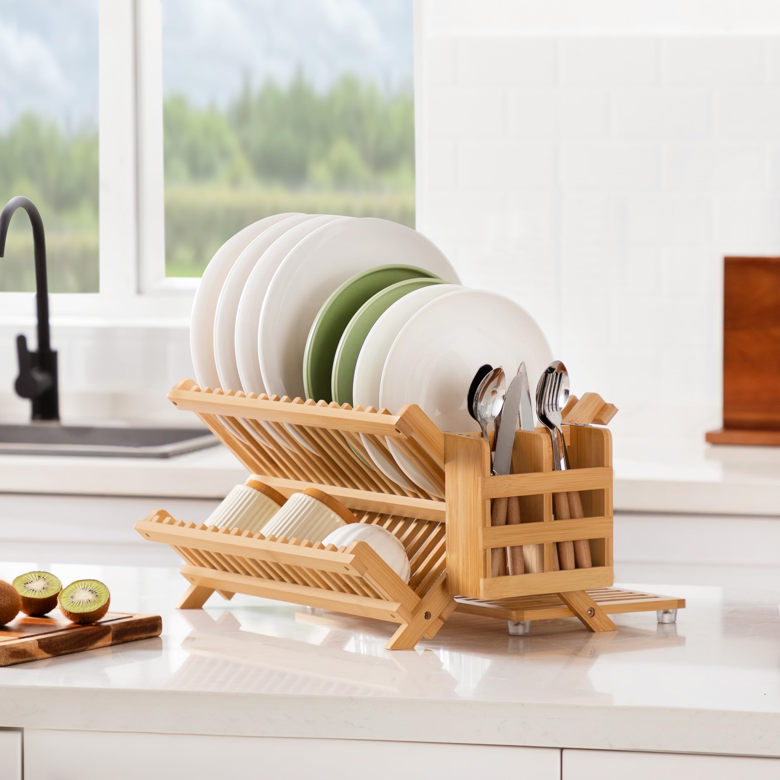 Oyydecor bamboo dish drying rack keeps kitchen organized on the counter