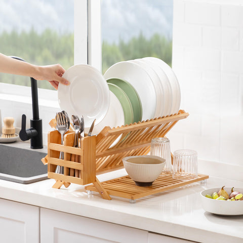 Oyydecor bamboo dish drying rack vented holder promotes airflow for utensils