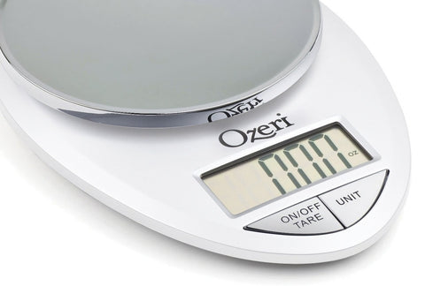 Ozeri Pro Digital Kitchen Scale chrome auto shut-off to preserve battery life.